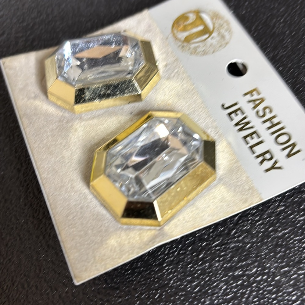 New Old Stock Vintage Gold & Rhinestone Geometric Fashion Jewelry Clip Earrings - Picture 3 of 6